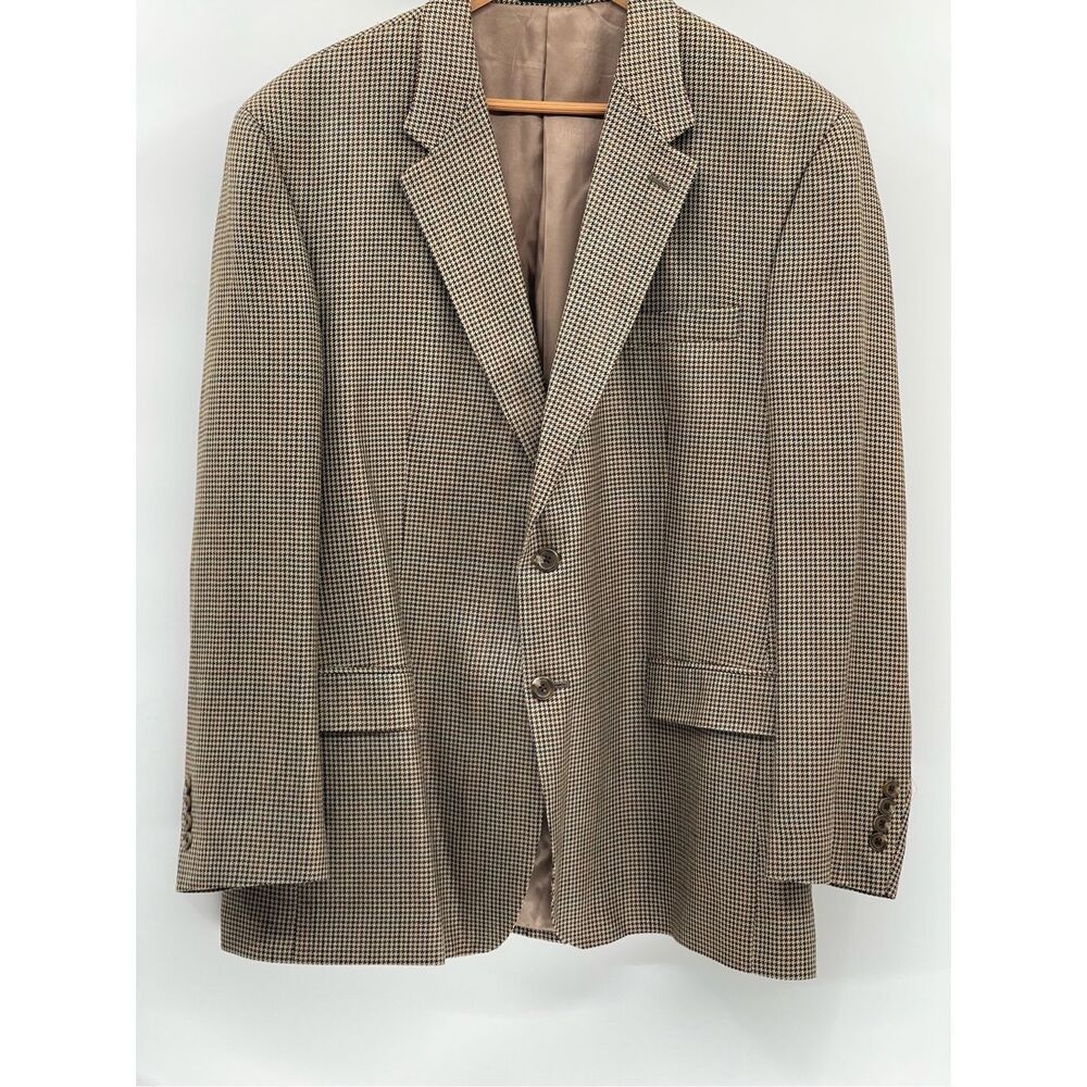 Chaps Ralph Lauren Silk Blazer Sport Coat Men Size 46R Tan Brown Houndstooth